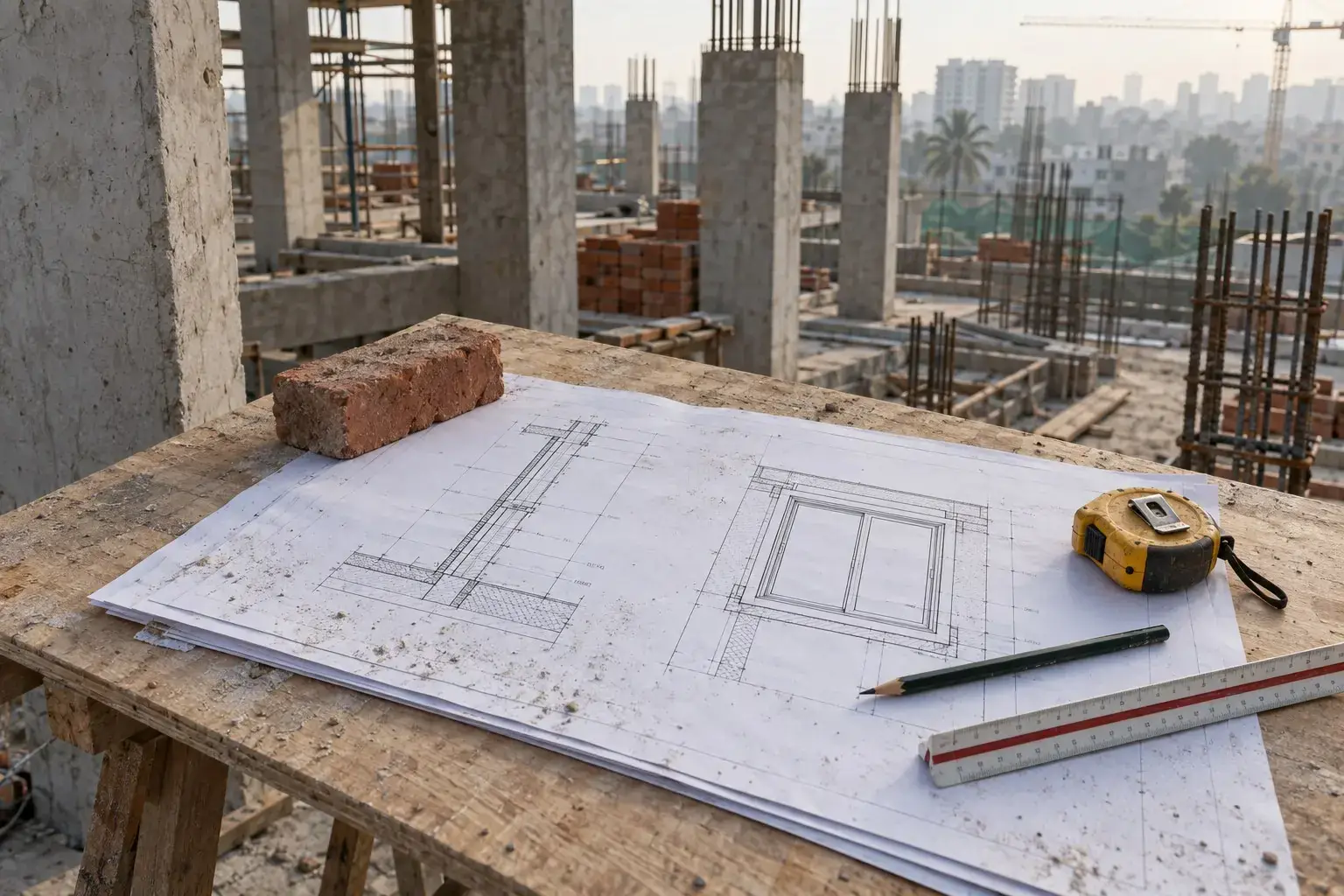 Construction drawings weighted with a brick and tape measure on a site table