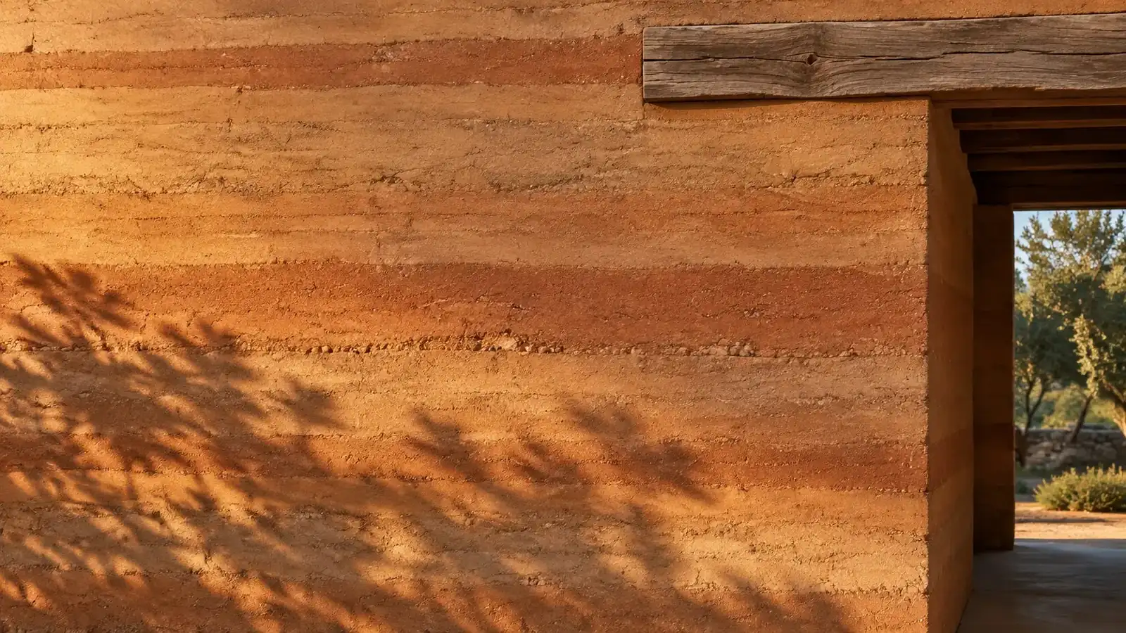 Layered rammed earth wall in low afternoon light