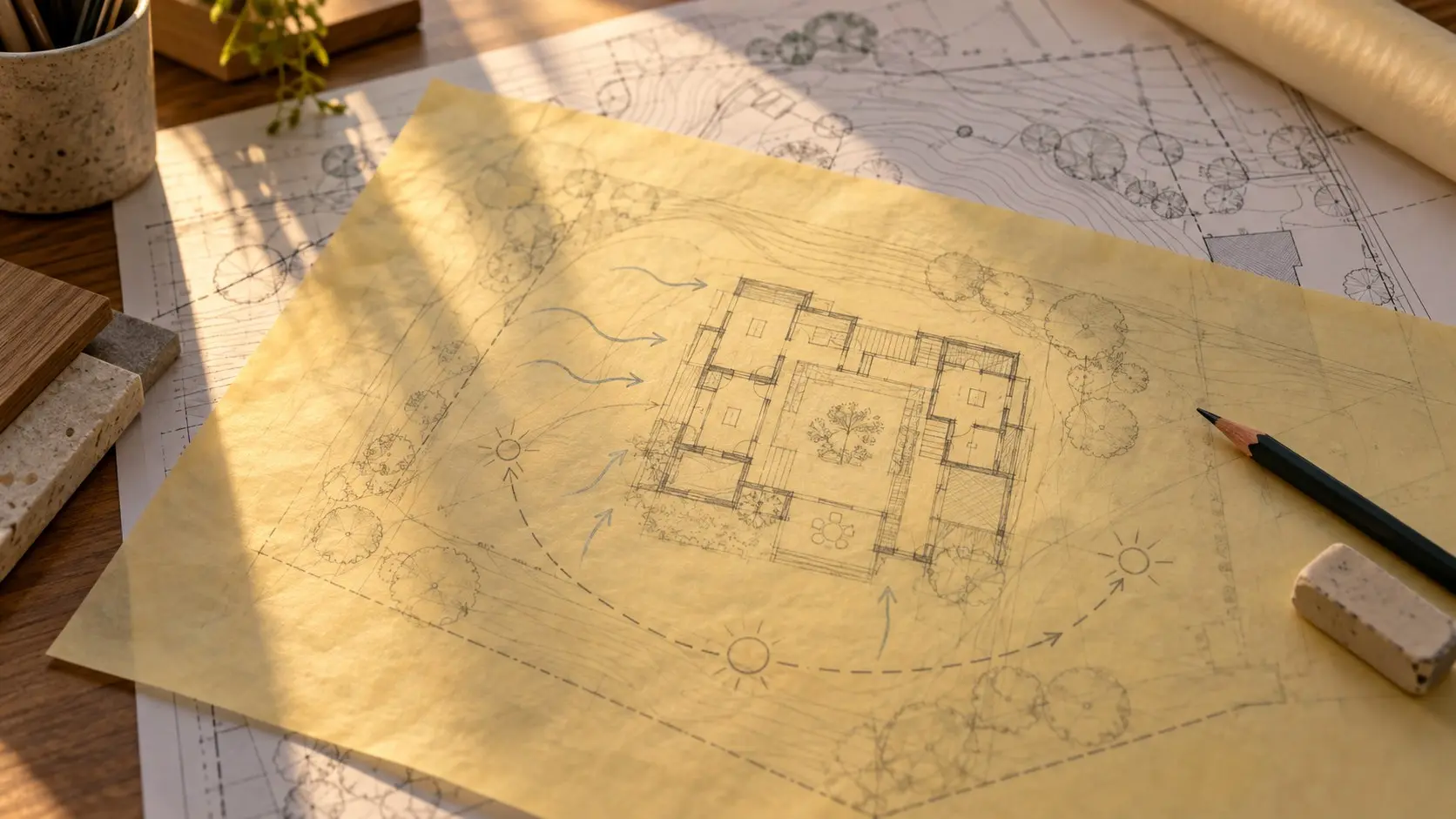 Pencil sketch of a courtyard house on tracing paper over a site survey