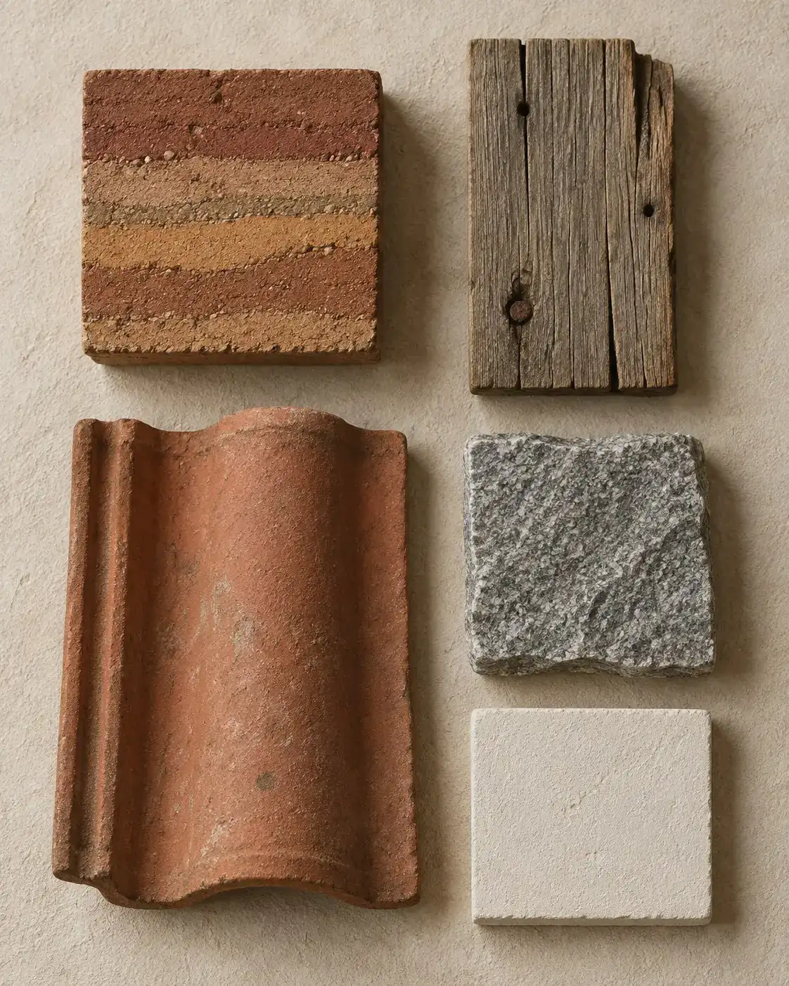 Samples of rammed earth, reclaimed teak, terracotta tile, granite and lime plaster